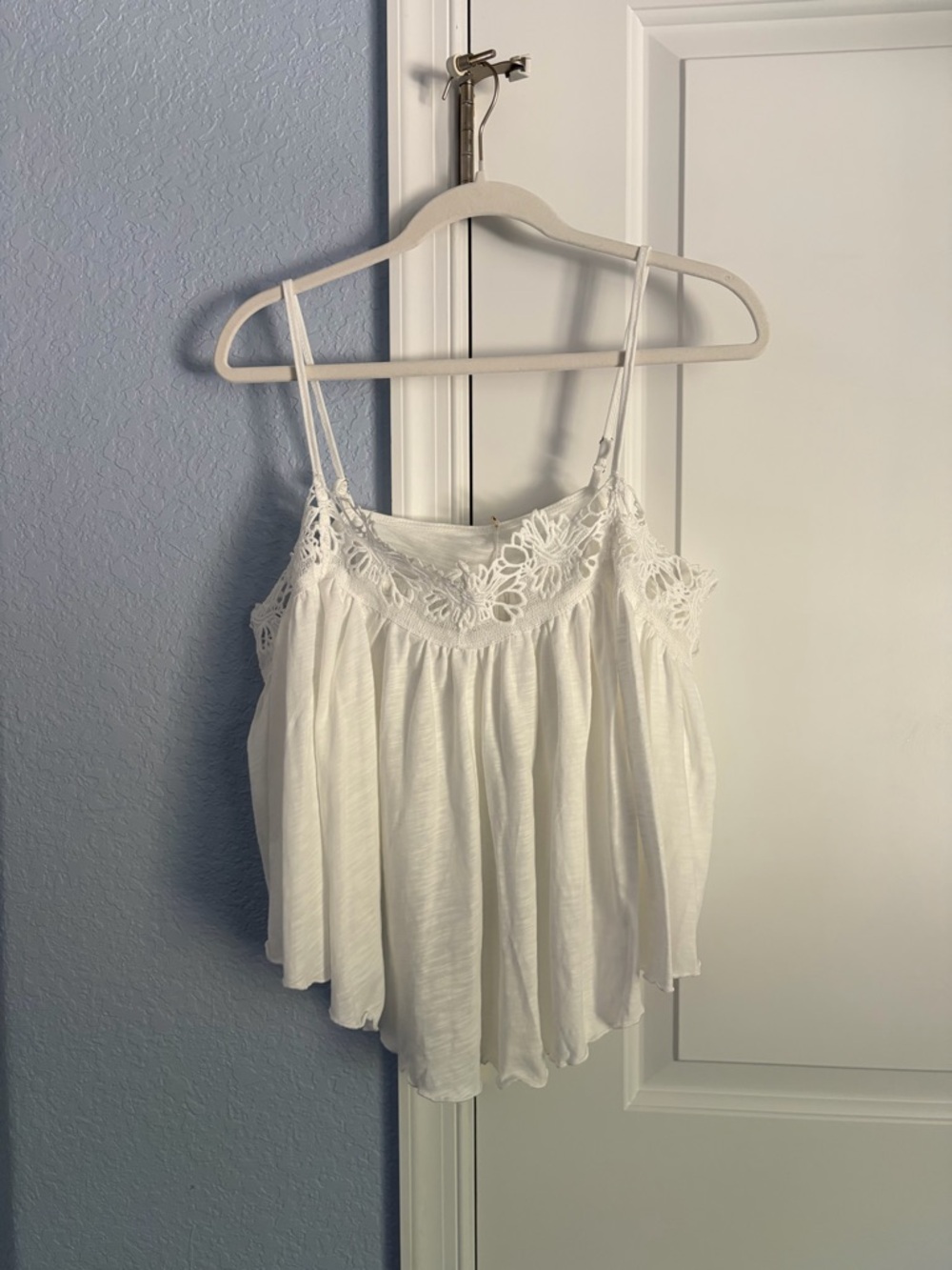 Free People White Floral Lace-Trim Spaghetti Tank